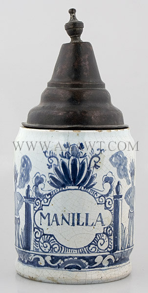 Dutch Delft
Tobacco Jar
'MANILLA'
With The Three Bells Mark
18th Century, entire view